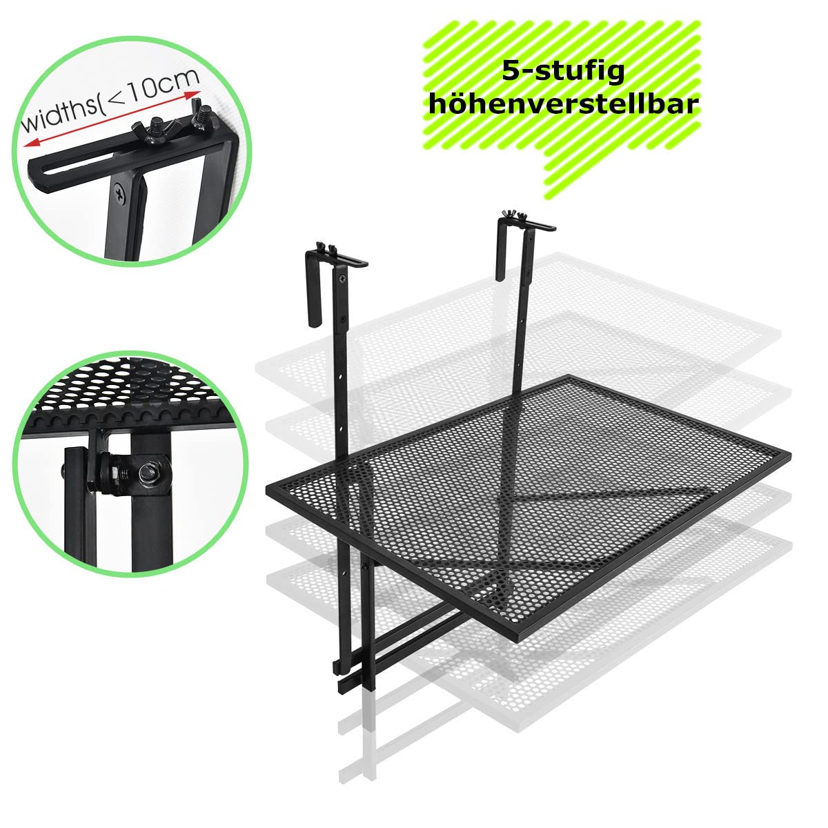 RELAX4LIFE Balkonhängetisch 5-stufig höhenverstellbar, Hängetisch Eisen, Beistelltisch klappbar, Balkontisch bis 20kg belastbar, Klapptisch mit Halterung zum Einhängen, Balkon Garten Terrasse, Schwarz