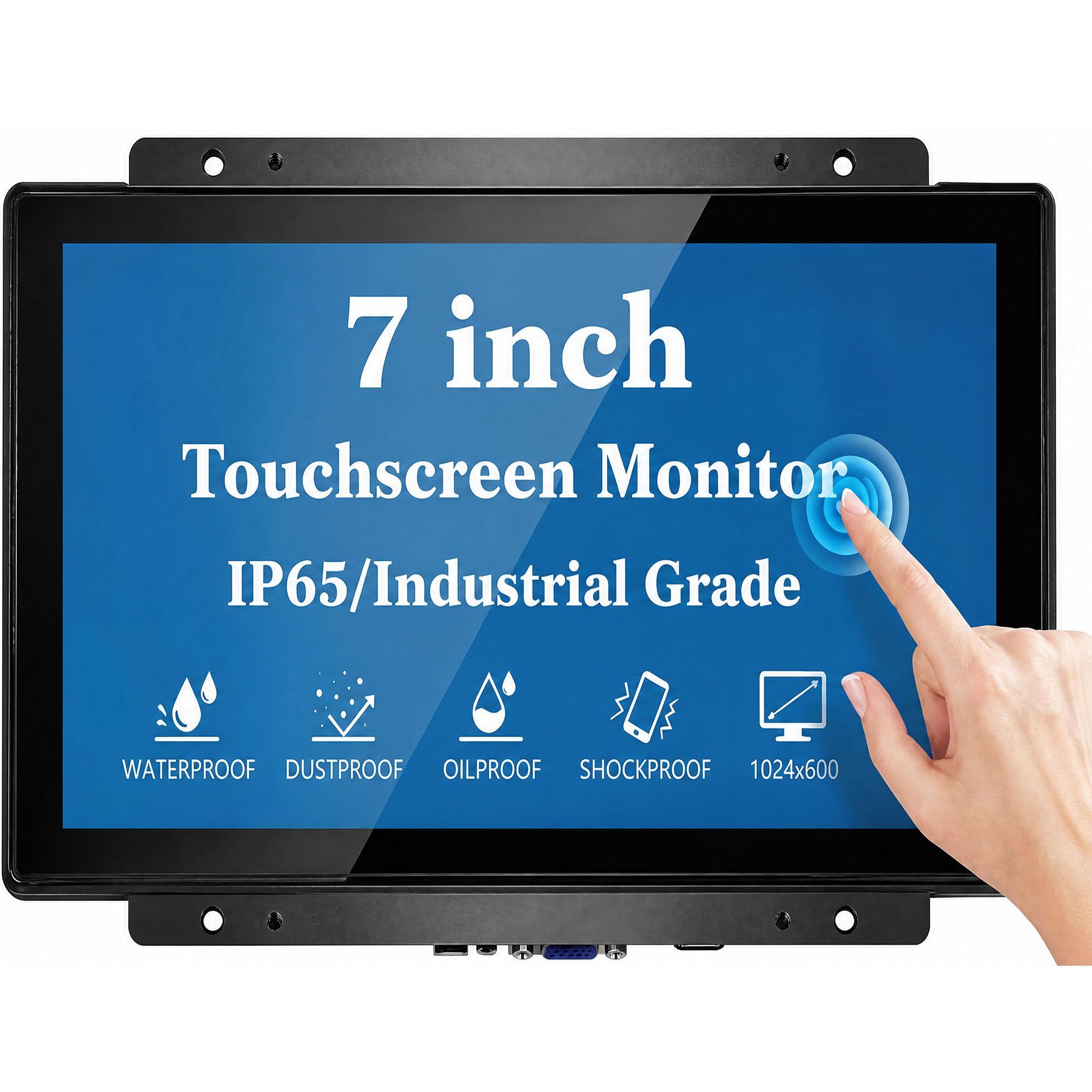 7 Inch Open Frame Capacitive Touchscreen Monitor - 10-Point Touch 1024x600 300 Nits IP65 Waterproof Display VESA Panel Mount - for Kiosk POS HMI Automation Digital Signage 7x24h Industrial Work