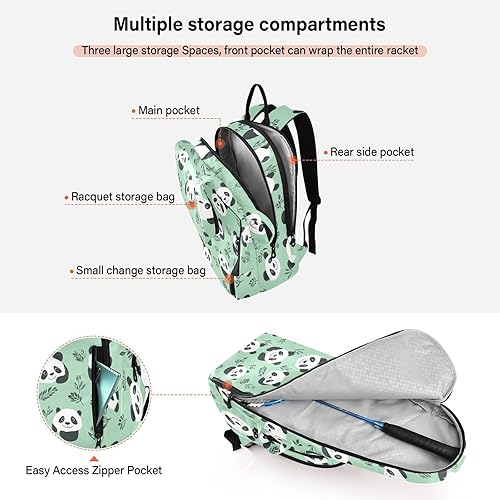 Miniatura 5 de Mochila de tenis de bádminton con diseño de pandas, color verde menta, sin costuras, con capacidad para 2 raquetas para mujeres y hombres, maleta