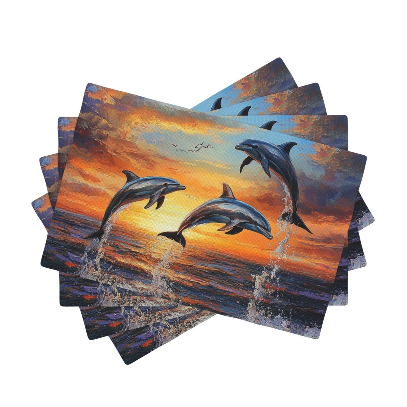 Placemats Set of One Size Washable Wipeable Table Mats Heat Resistant Weave Place Mats Dolphins at Sunset Placemats Wrinkle Free Place Mats for Dining Table Kitchen Party Holiday Decoration 30 x 45 cm