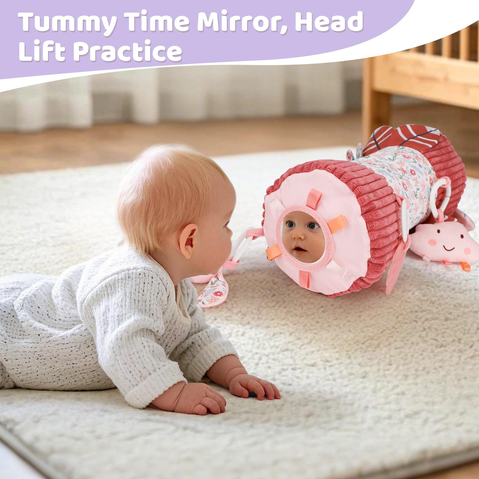 vocheer Tummy Time Pillow with Detachable Sensory Toys for Babies,Inflatable Design,Pink Rabbit - Image 2