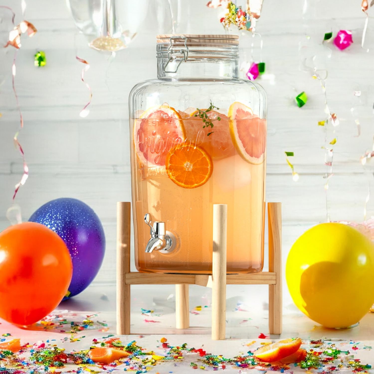 Distributeur Boisson avec Support et Robinet 8 L - Fontaine à Eau et Cocktail - Bol à Punch - Jarre en Verre pour Limonades - Bonbonne - Bocal pour Sublimez vos Fêtes et Anniversaires