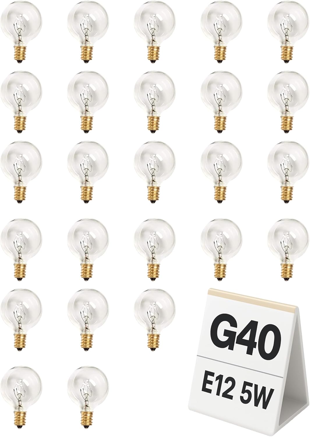 25-Pack G40 Globe Replacement Bulbs, Clear Glass Incandescent Light Bulbs for Outdoor String Lights, 5W Dimmable, E12 Candelabra Base, 2200K Warm White for Patio, Porch, Party & Cafe Lighting