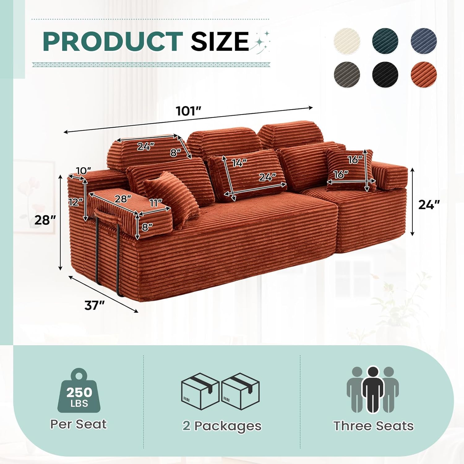 101-inch Sectional Couch, 3 Seater Oversized Modular Cloud Comfy Corduroy Memory Foam Fluffy Deep Seat Floor Compressed Sofa Couch with Pillows for Living Room Office Apartment, Orange