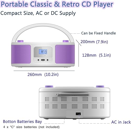 Miniatura 6 de Reproductor de CD portátil con Bluetooth, radio FM, control remoto, entrada USB y conector de auriculares AUX de 0.138 in, reproducción de