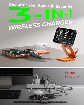 3 in 1 Charging Station for Apple - Qi2.2 25W Magnetic Wireless Charger for iPhone 17/16-12, Apple Watch, AirPods, Travel Fast Charging Foldable Stand with 45W GaN Adapter, Aluminum Alloy Design