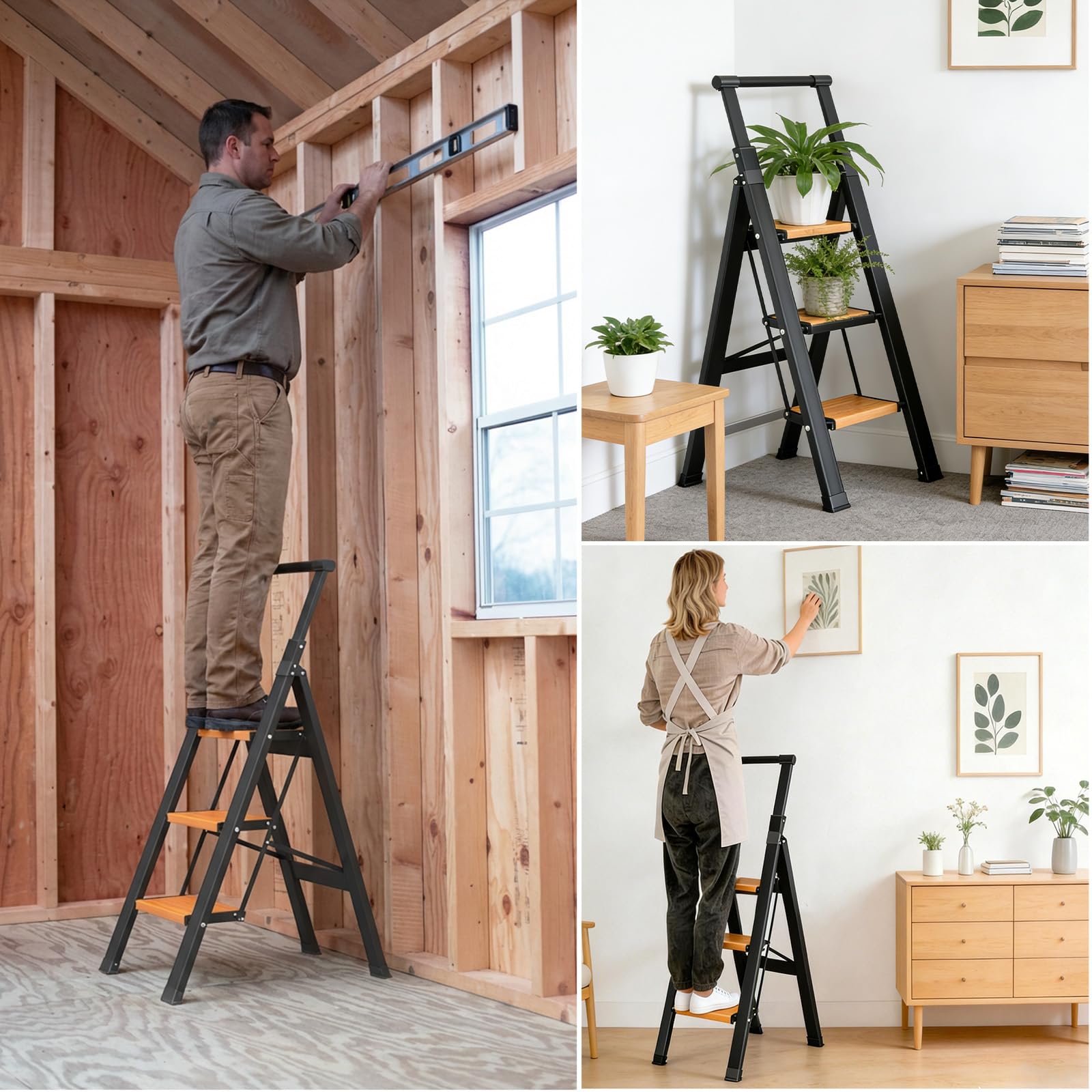 KULACO Scala a gradini pieghevole 3 gradini con corrimano estensibile, scala in alluminio antiscivolo & extra larga, leggera fino a 150 kg, scala domestica compatta per cucina, casa, garage