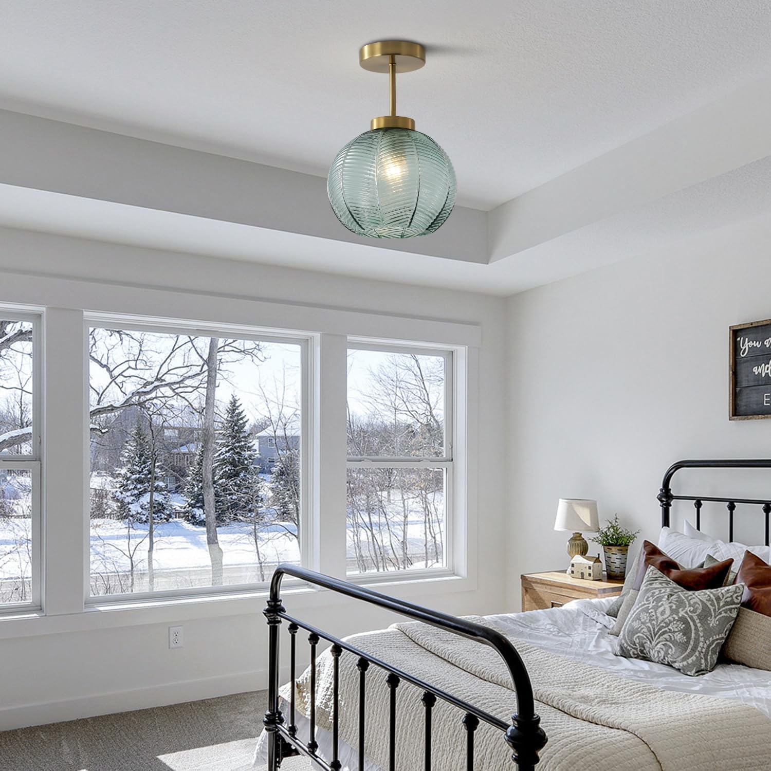 KCO Lighting Vintage Green Glass Flush Mount Ceiling Light Modern Brass Gold Semi Flush Mount Ceiling Lights Fixtures Large Mid Century Globe Ceiling Light for Porch Corridor Bedroom