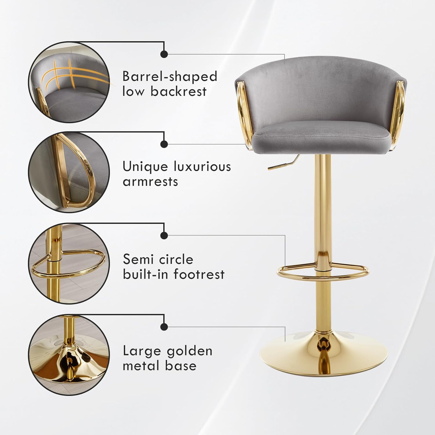 Gold Velvet Bar Stools Set of 2, Adjustable Swivel Counter Height Barstools Luxury Upholstered Bar Chair with Low Back Golden Metal Base for Kitchen Island/Living Room/Pub,Grey