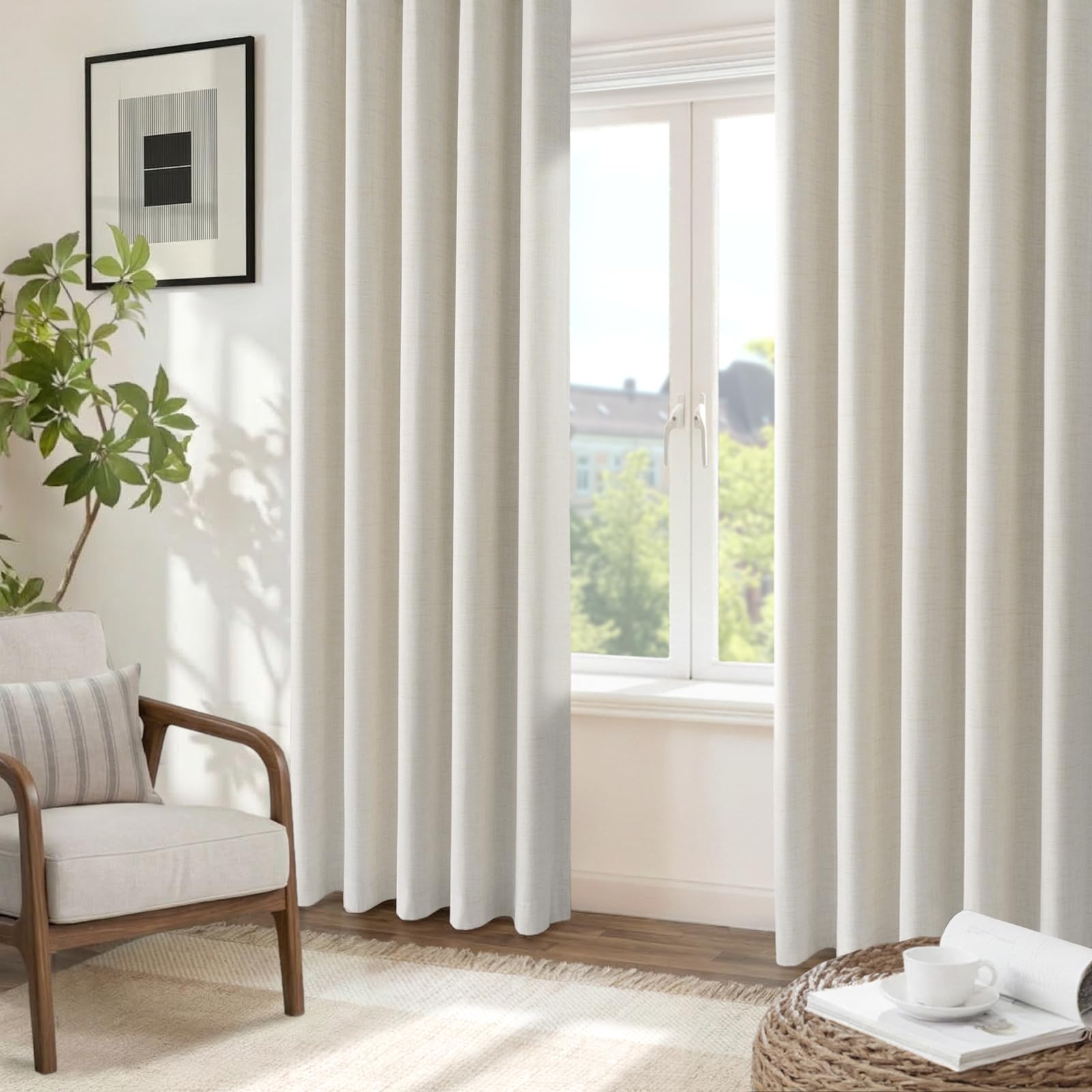 INOVADAY 100% Rideau Occultant Thermique Isolant Anti Froid et Chaleur 2 Panneaux 140x245 CM, Rideau Beige Clair Opaque Effet Lin à Oeillets Lumiere Anti-UV pour Salon et Chambre
