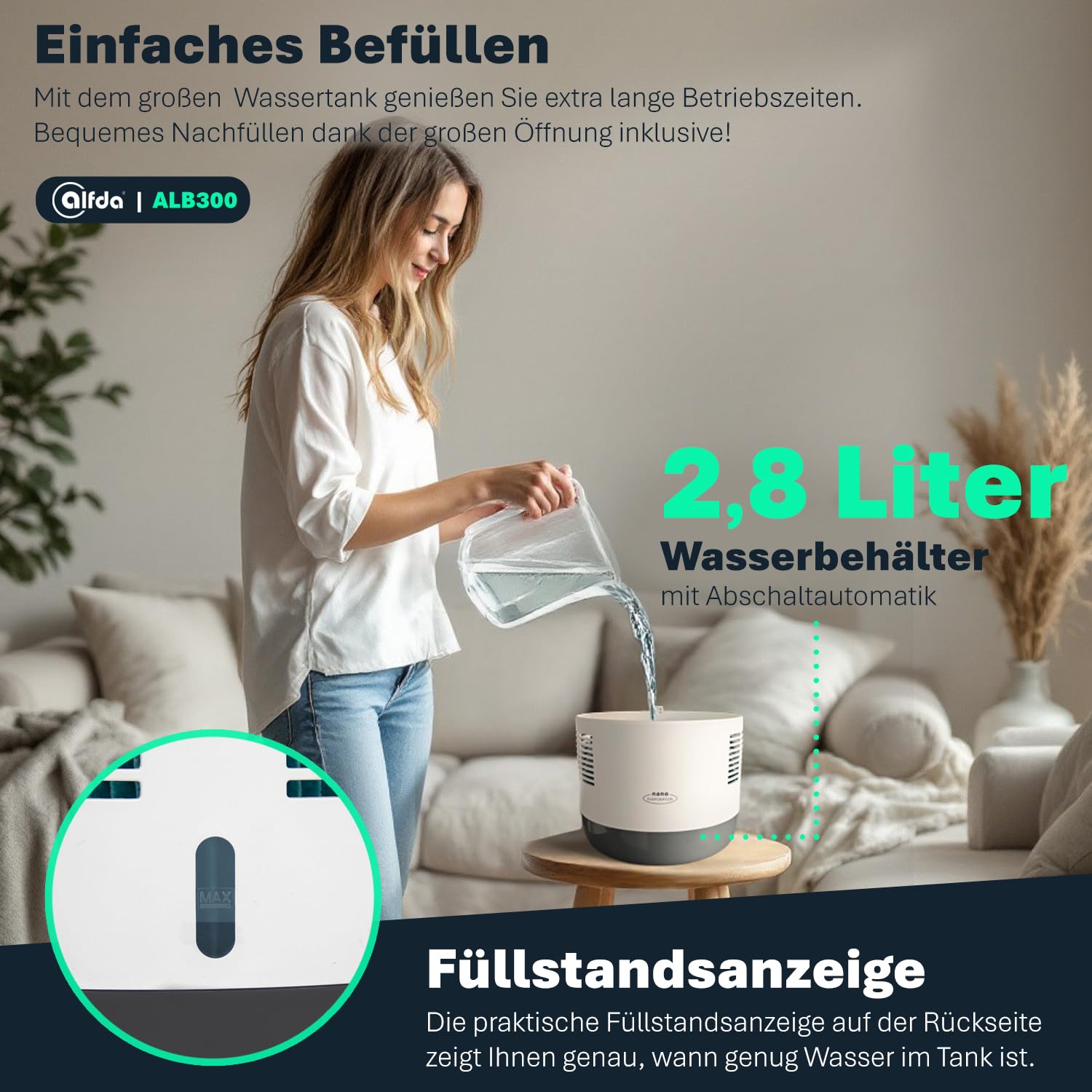 alfda ALB300 Luftbefeuchter bis 44 m² 2,8 L Tank | Leise 24 dB, Kaltverdunstung mit antibakteriellem Filter, Automatikmodus mit Sensor