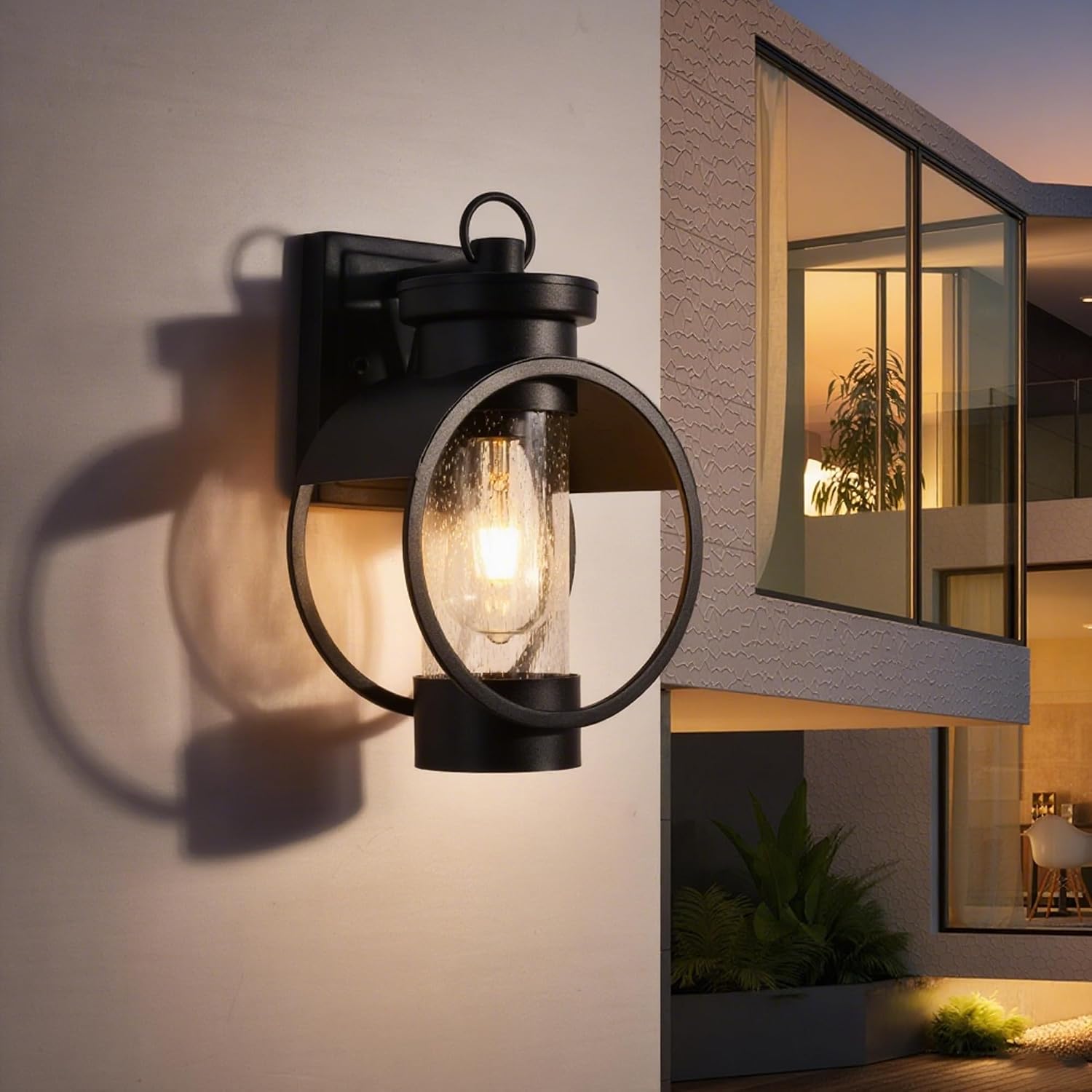 Maxax Dusk to Dawn Outdoor Wall Sconce, 12" Outside Wall Lights with Seeded Glass Shade, Modern Black Wall Mount Light Fixture, Waterproof Exterior Lighting Fixtures for House Porch Garage, 2-Pack