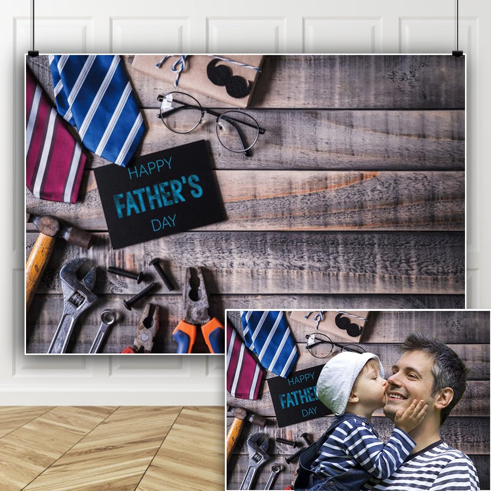 XMJJKUF Happy Father's Day Photography Backdrop Tools, Glasses, Necktie on Rustic Wooden Background Father's Festival Family Prom Party Decors
