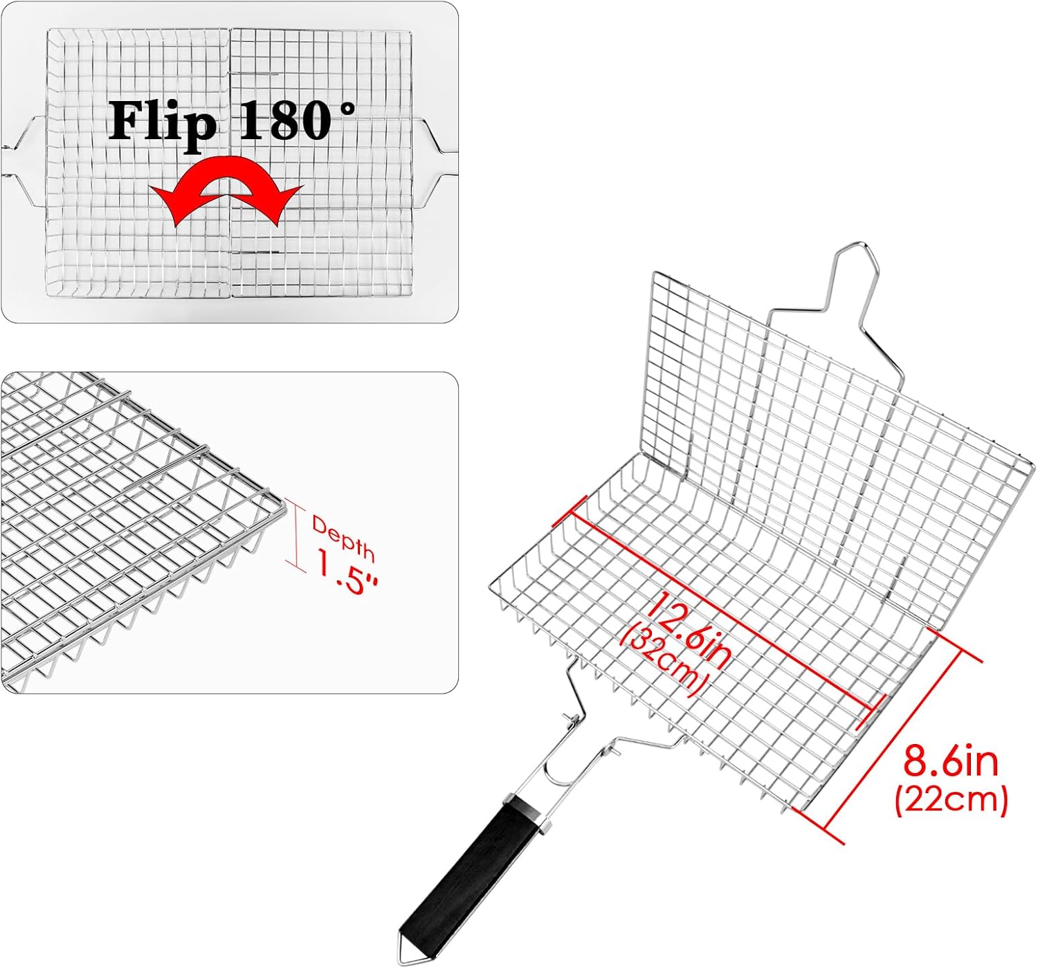 Linkidea Square Portable BBQ Grill Basket, Stainless Steel Fish Barbecue Accessories with Removable Secure Locking Handle, Picnic Grill Rack for Outdoor Cooking Vegetables Fishes Shrimp image 2