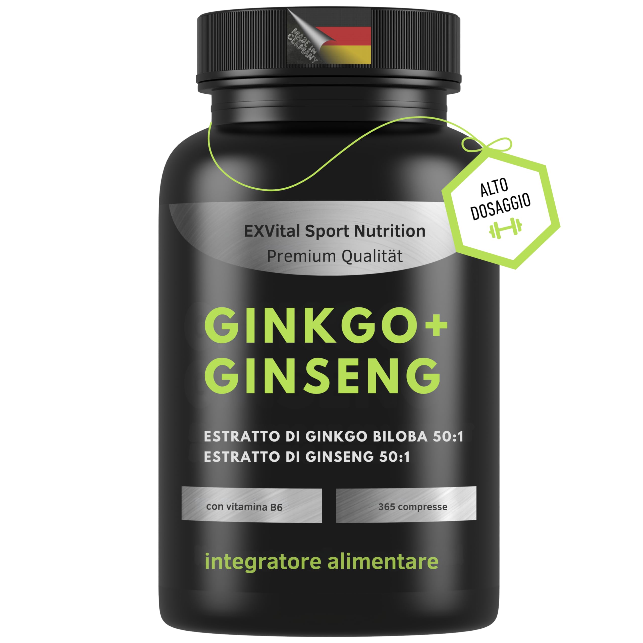 EXVital® Ginkgo + Ginseng, 365 compresse, estratti vegetali 50:1, altamente dosati, Ginkgo Biloba e Ginseng coreano, Testato in laboratorio, Vegano