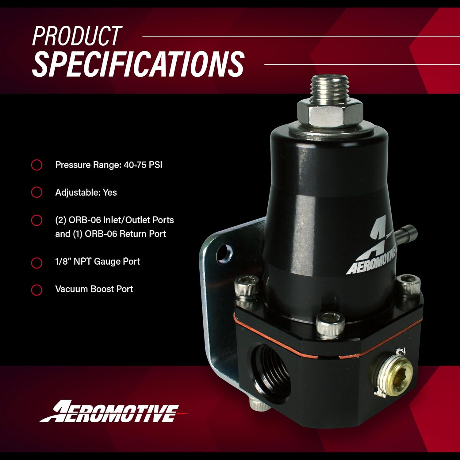 Aeromotive 13136 EFI Fuel Pressure Regulator, Adjustable, 40-75 PSI, 2x -6 Inlet and -6 Return, Black Anodized