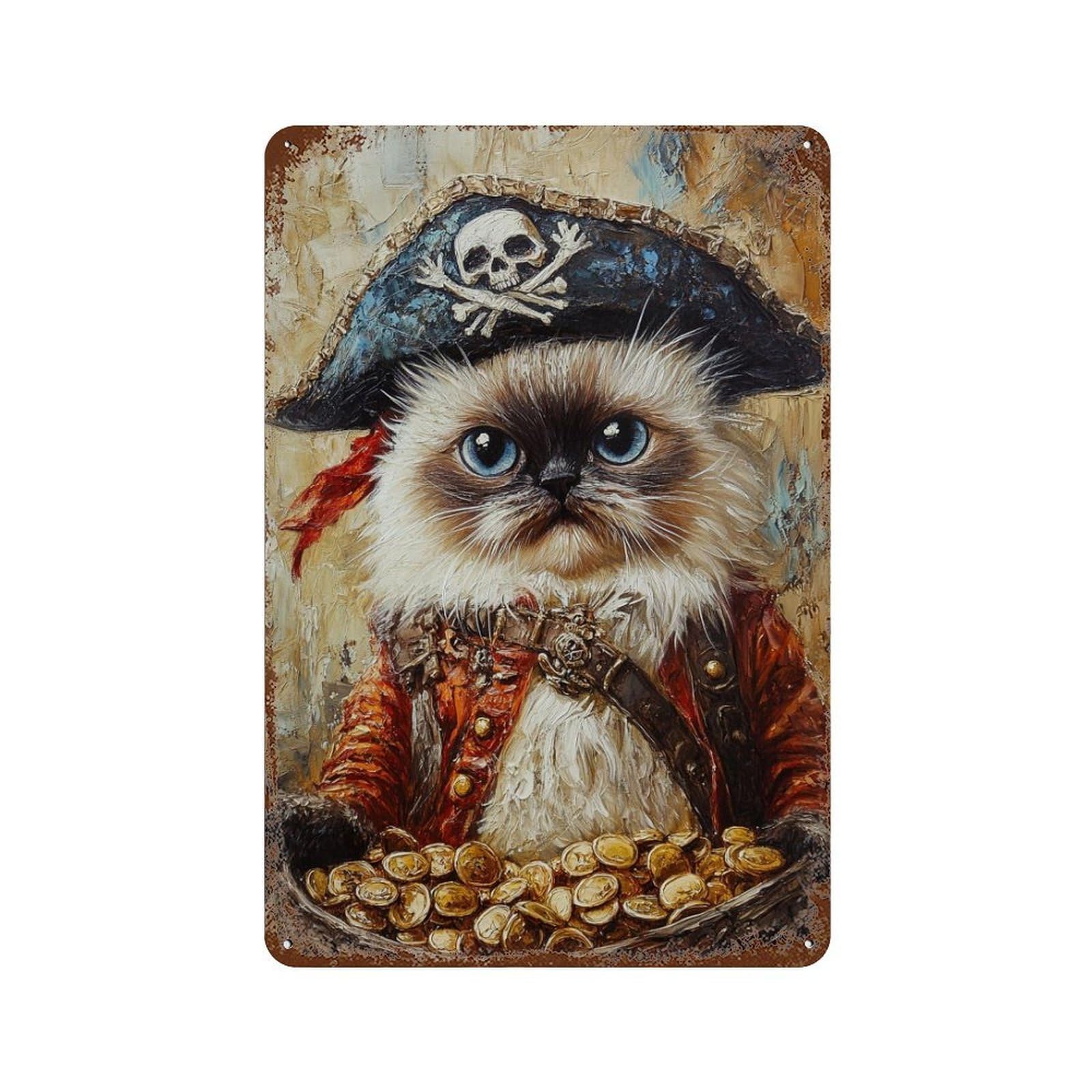 Pirate Cat with Treasure Chest-2 Vintage Wall Sign 11.8"x7.9", Rust Effect Metal Decor for Office, Studio And Wall Decor