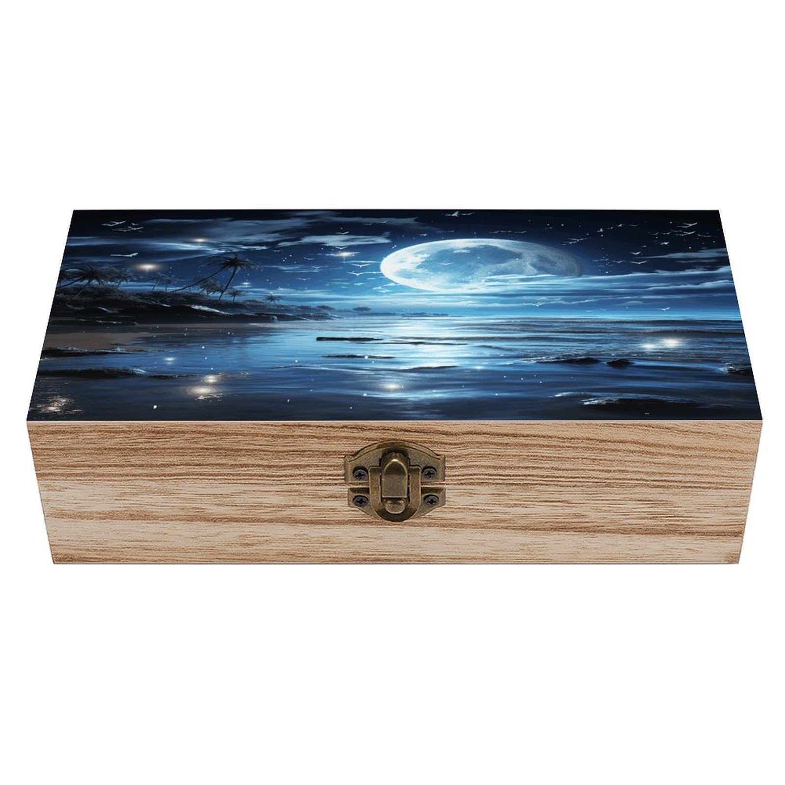 VstaDank Moon Over Ocean Wooden Box Sturdy Vintage Storage Box with Hinged Lid Exquisite Wood Keepsake Boxes Large Jewelry Case Cute Trinket Holder Unique Gift for Men & Women