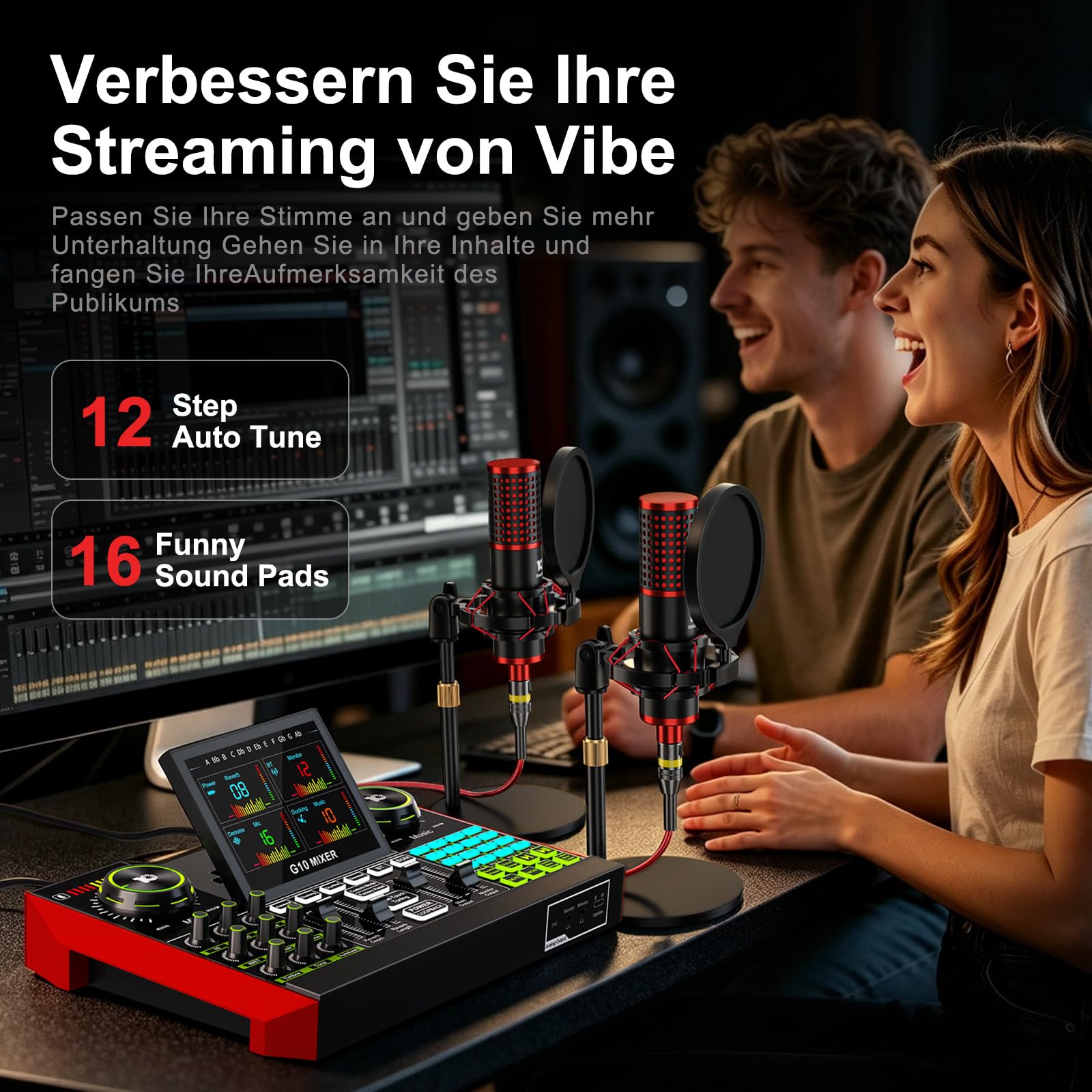 G10 Podcast Mikrofon Set mit 2 Mikrofonen, Audio Interface | Podcast Equipment Bundle mit G10 Audio Interface, Dual-Mikrofon Setup & DSP Rauschunterdrückung für Podcasts und Streaming