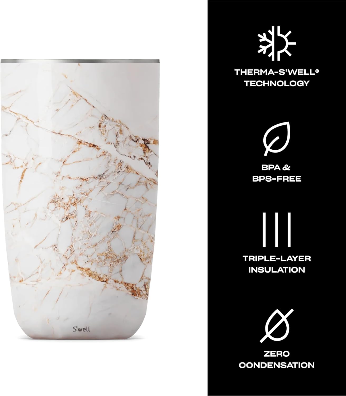 S'well Stainless Steel Wine Chiller, Holds 750ml Bottle, Calacatta Gold, Triple Layered Vacuum Insulated Container Keeps Bottles Chilled for Longer, BPA Free Barware - Image 4