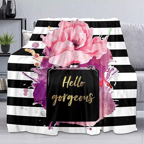 LUVIVIHOME Manta de maquillaje con purpurina dorada, Hello Horgeous Pink Floral Perfume a la moda, manta de rayas blancas y negras, manta
