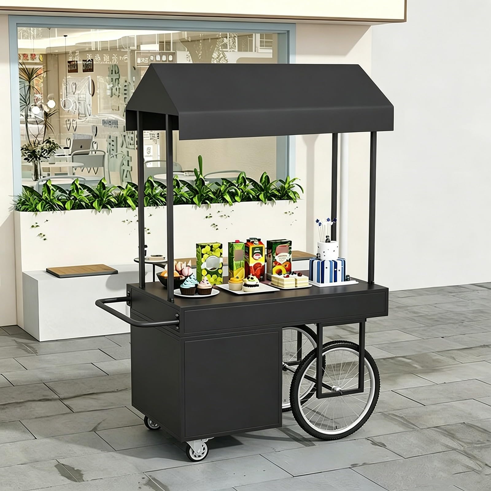 XRRJFYH Mobile Vendor Cart with Canopy - Street Vendor Food Cart, Farmers Market Stand, Portable Display Tables with Wheels, Outdoor Market Stall(Black,120x60x200cm/47x24x79in)