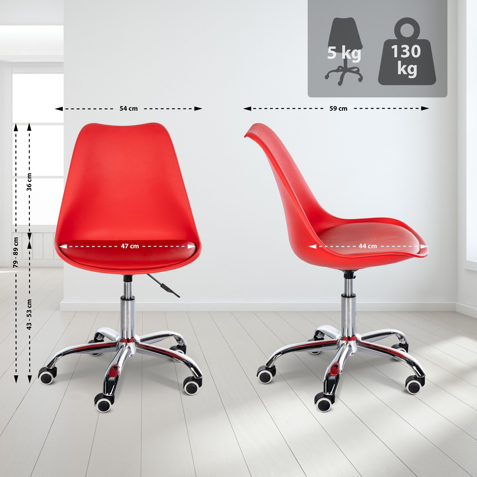 CLP Sgabello da lavoro Laflin I Sedile imbottito con rivestimento in similpelle I Su rotelle, regolabile in altezza e girevole, Colore:rosso