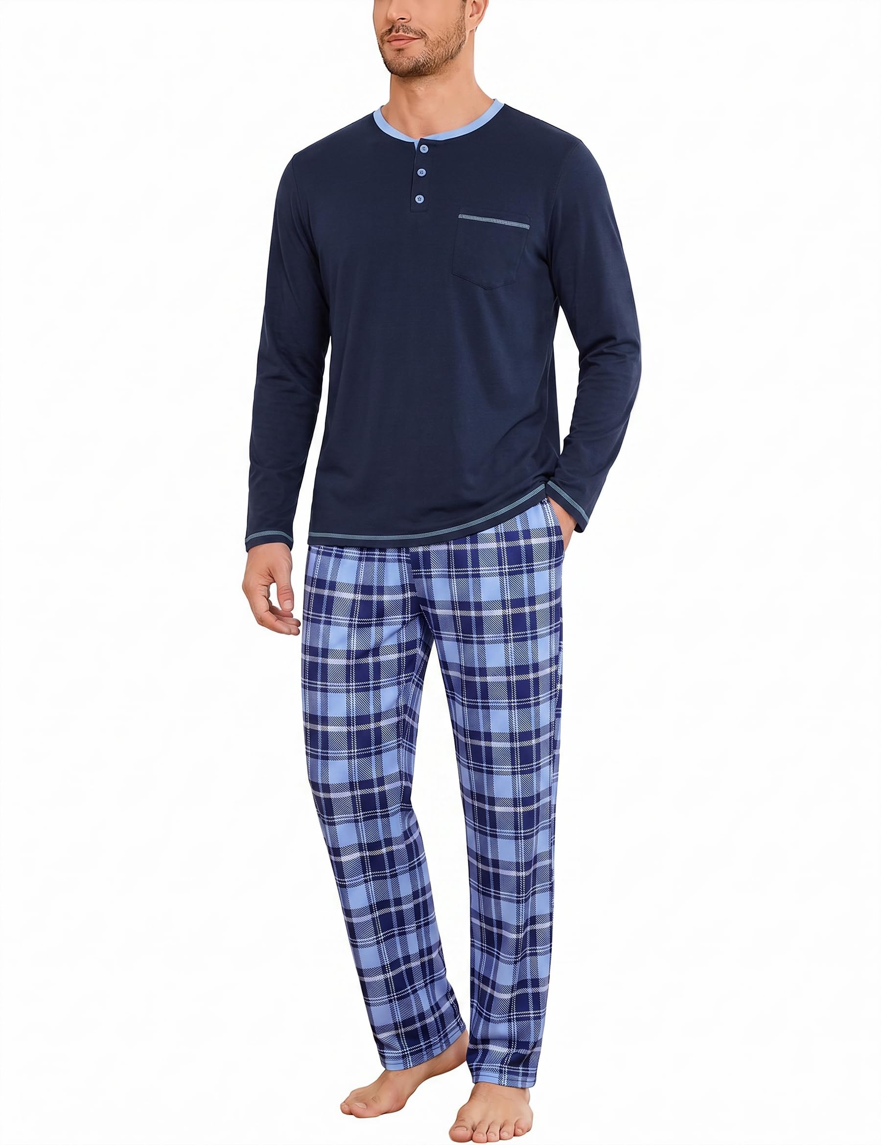 Uniexcosm Schlafanzug Herren Langarm Pyjama Herren Baumwolle | Herren Schlafanzug mit Langarm-Oberteil, langer Hose und weichem Materialmix für Nachtwäsche und Zuhause