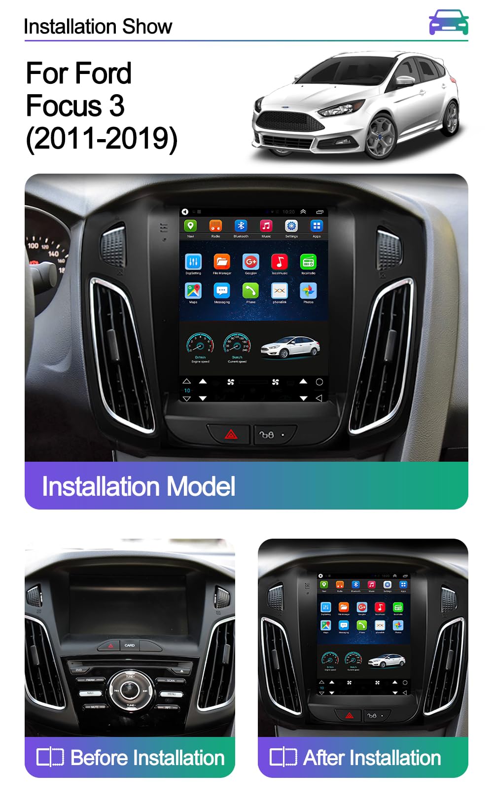 SXAUTO Android 14 IPS radio samochodowe do Ford Focus (2010-2014) - wbudowane Carplay/Android Auto/DSP - kamera LED + MIC - 4G + 64G - DAB 360-CAM sterowanie kierownicą Fast-Boot WiFi AHD - 2 DIN 9,7