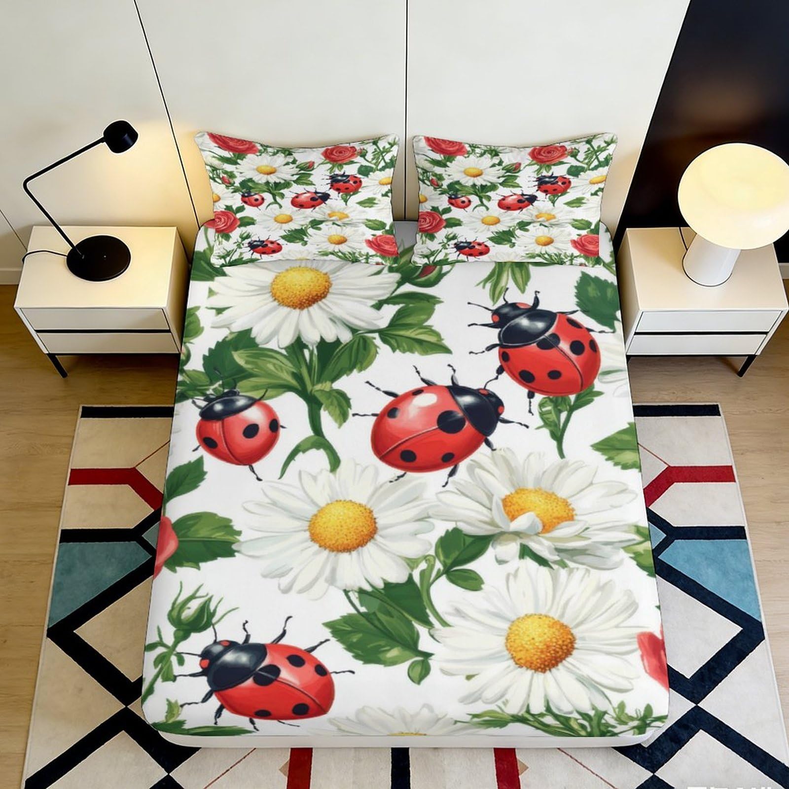 3D Printed Ladybug Daisy Fitted Sheet Microfiber Soft Mattress Cover Floral Bed Sheet Slip Resistant Decor 160x200x25cm