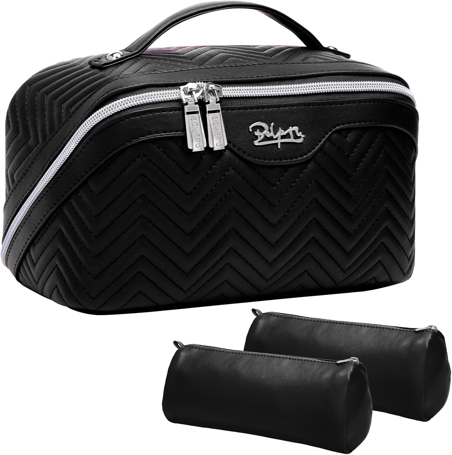 Travel Makeup Cosmetic Bag for Women: 3-Pack Large Capacity Quilted Cosmetic Cases, Portable PU Leather Makeup Organizer Bag for Travel & Gift Black
