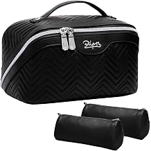 Travel Makeup Cosmetic Bag for Women 3-Pack Large Capacity Quilted Cosmetic Cases, Portable PU Leather Makeup Organizer Bag for Travel & Gift Black