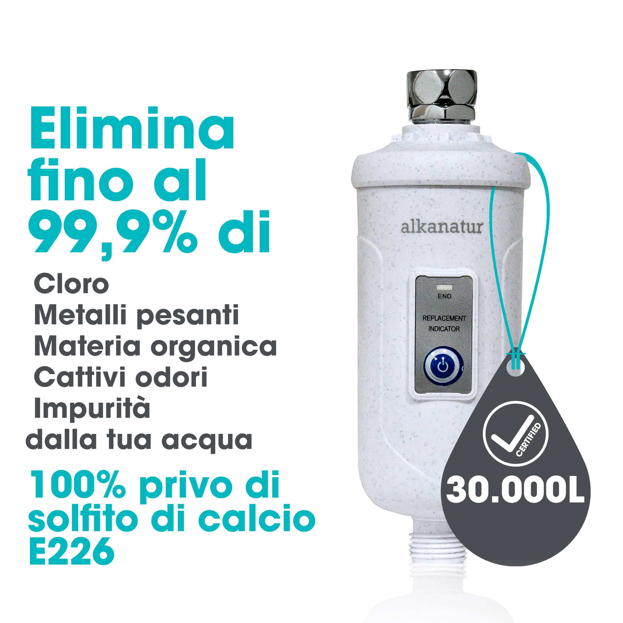 ALKANATUR Filtro doccia 30.000 L | Filtro doccia ecologico privo di solfito di calcio E226 | Elimina cloro e metalli pesanti | Filtro doccia per capelli | Facile installazione | Protegge la tua pelle