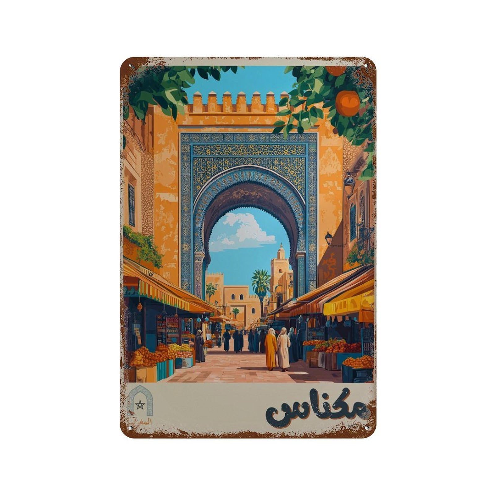 xiaoxiaoshen Meknes Morocco Travel Bab Mansour Archway in Arabic Wall Decor Art Metal Tin Poster Modern Home Decor Art Home Bar Shop Decorations Vintage Sign 30x20cm