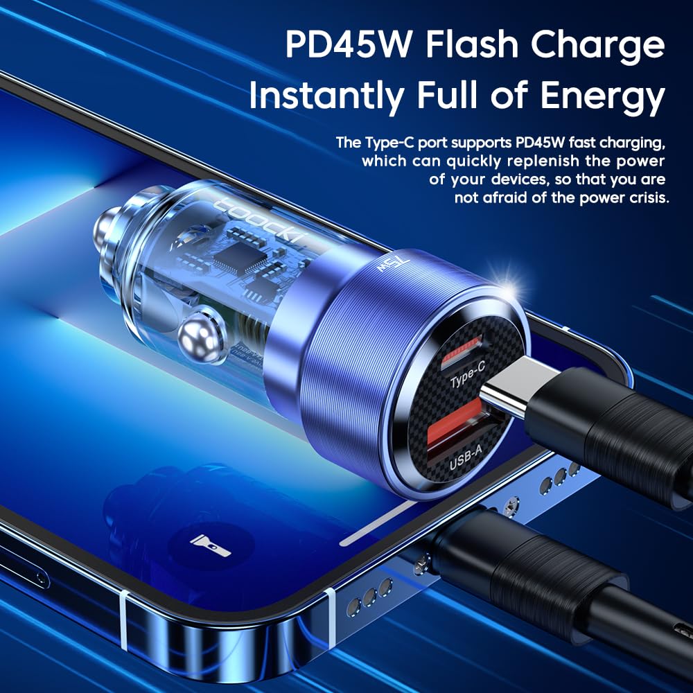 TOOCKI Podwójne gniazdo USB 75 W, 1 x USB-A i 1x USB-C PD 45 W, do gniazda samochodowego 12V/24 V, przezroczysta konstrukcja, chronione ładowanie, kompatybilne z iPhone, Samsung, iPad, MacBook,