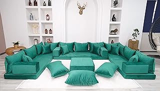 Emerald Green Color U Shaped Floor Seating, Velvet Floor Couch, Moroccan Home Decor Furniture,Sectional Sofa, Luxury Velvet Couches (U Sofa + Ottoman + Pillows)