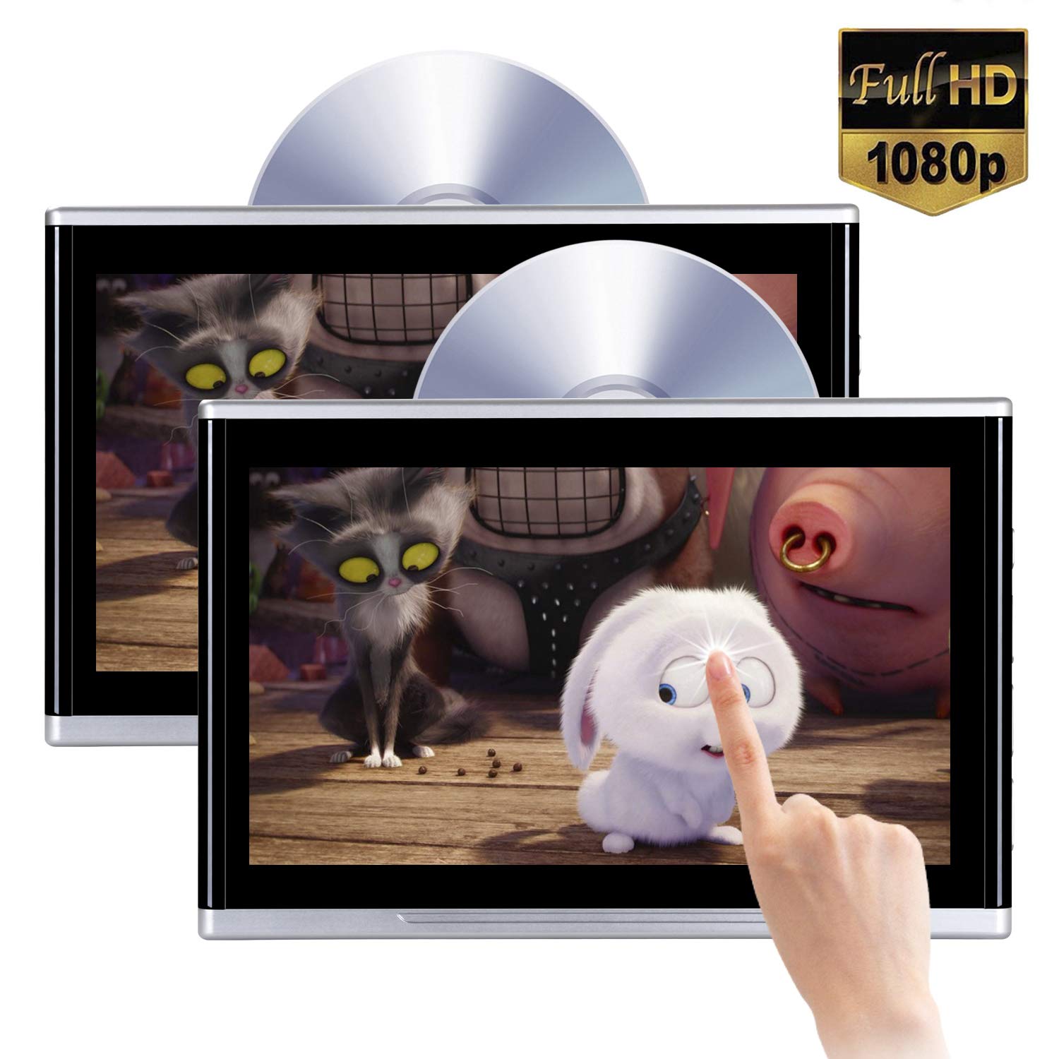 Dual Headrest DVD Player for Car Backseat Video Monitor Auto Rear Seat Entertainment System Touch Screen HD 1080P with DVD USB SD