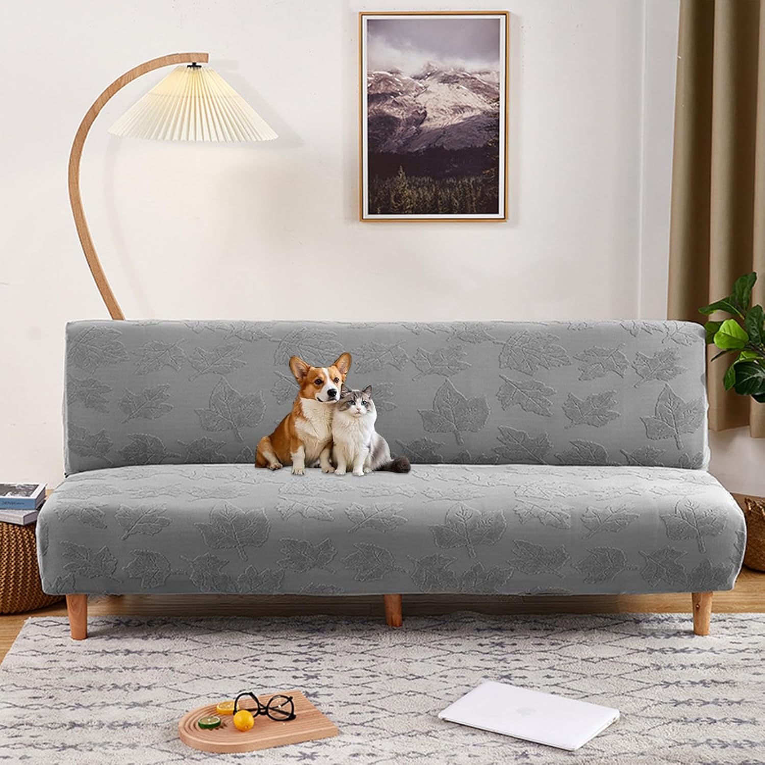 Armless Sofa Cover Stretch Folding Pet-Friendly Futon Covers Full Size Soft Sofa Bed Slipcover Furniture Protector Grey