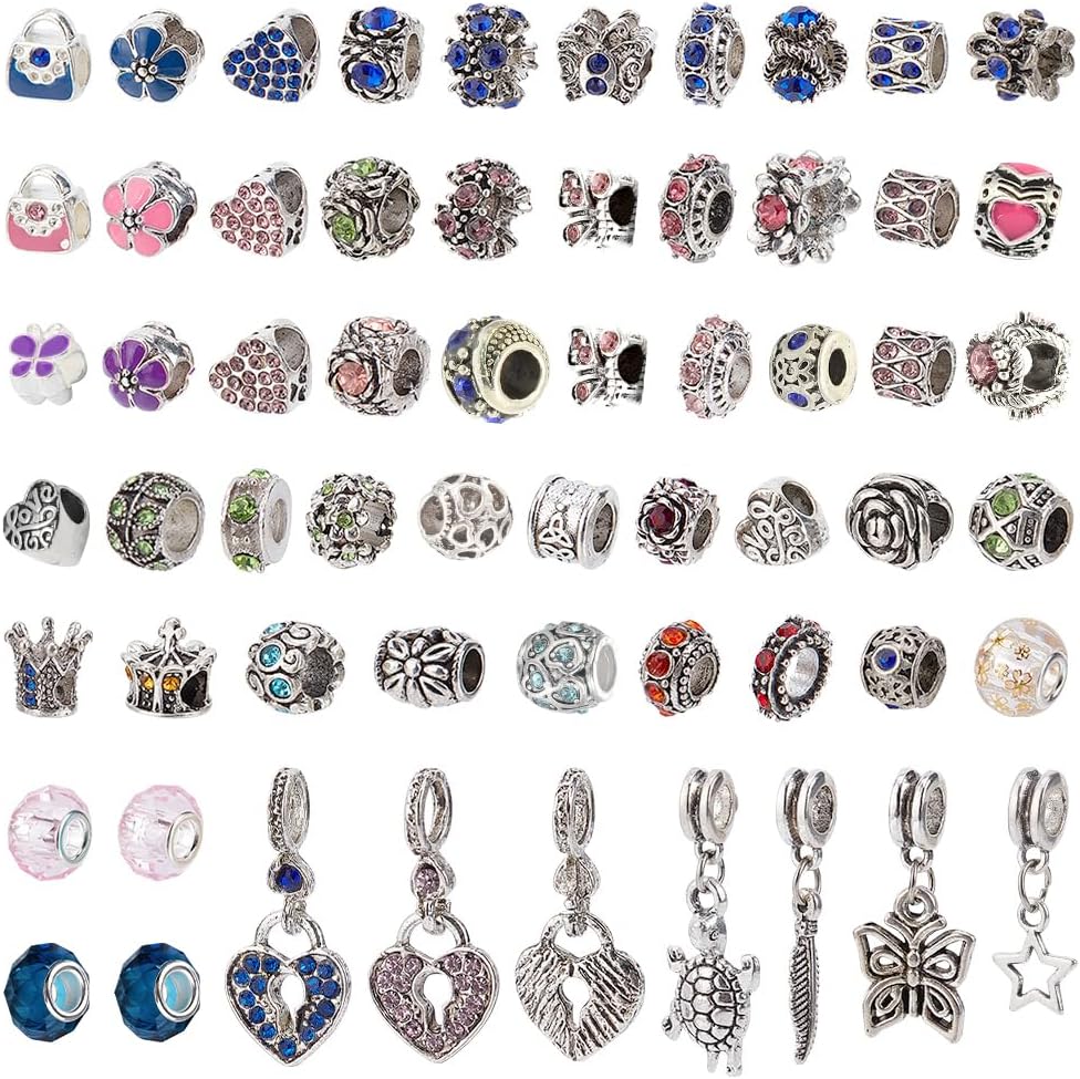 PH PandaHall 60pcs European Beads Rhinestone Spacer Beads, 20 Pcs Clip Lock Bead Charms Large Hole Beads for Snake Chain Bracelet Bangle Necklace Jewelry Making