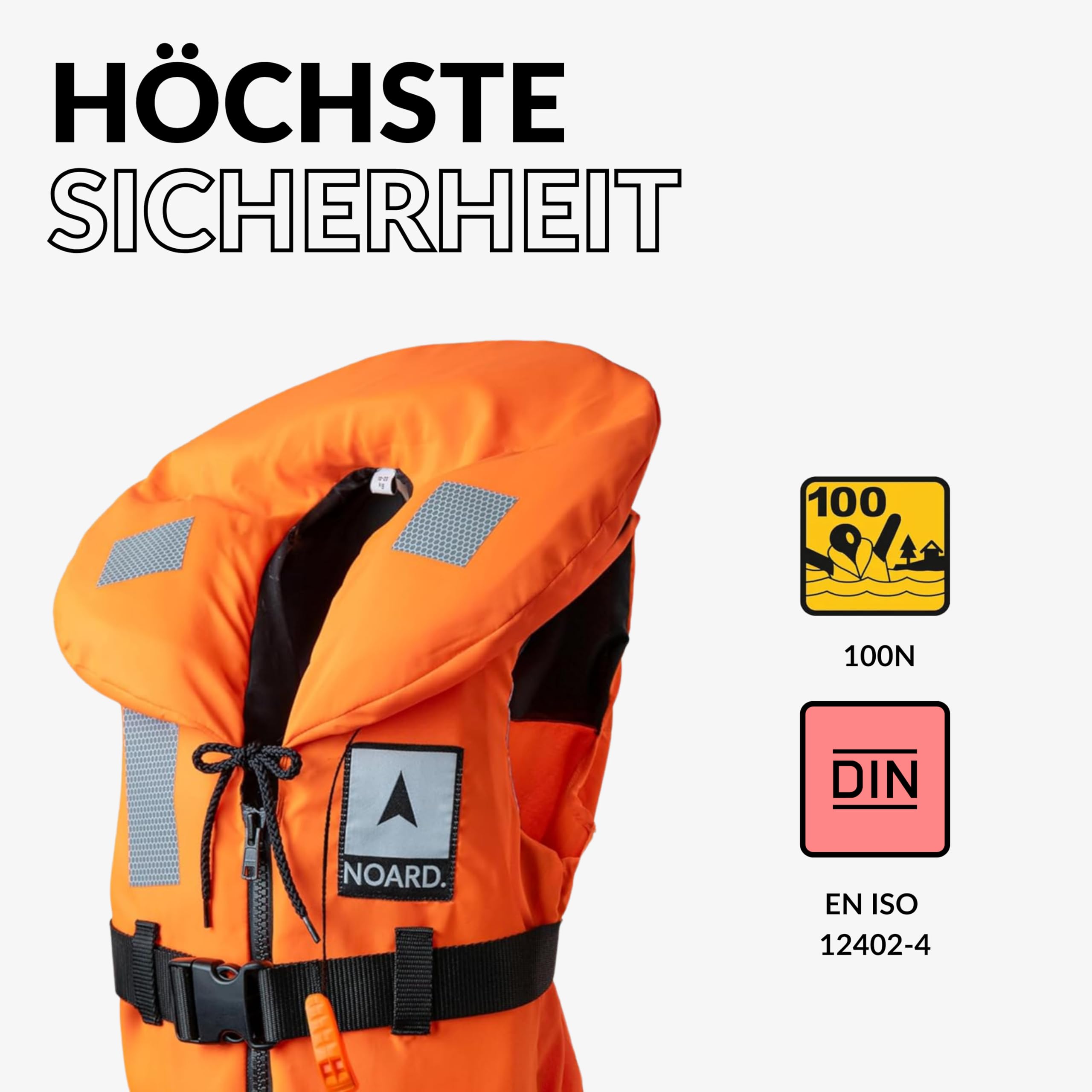 NOARD Rettungsweste Seaside Kinder & Erwachsene | 100N nach EN ISO 12402-4 | Schwimmweste & Auftriebsweste 15-120 kg | für Boot, Segeln & Wassersport | mit Signalpfeife & Solas-Reflektoren