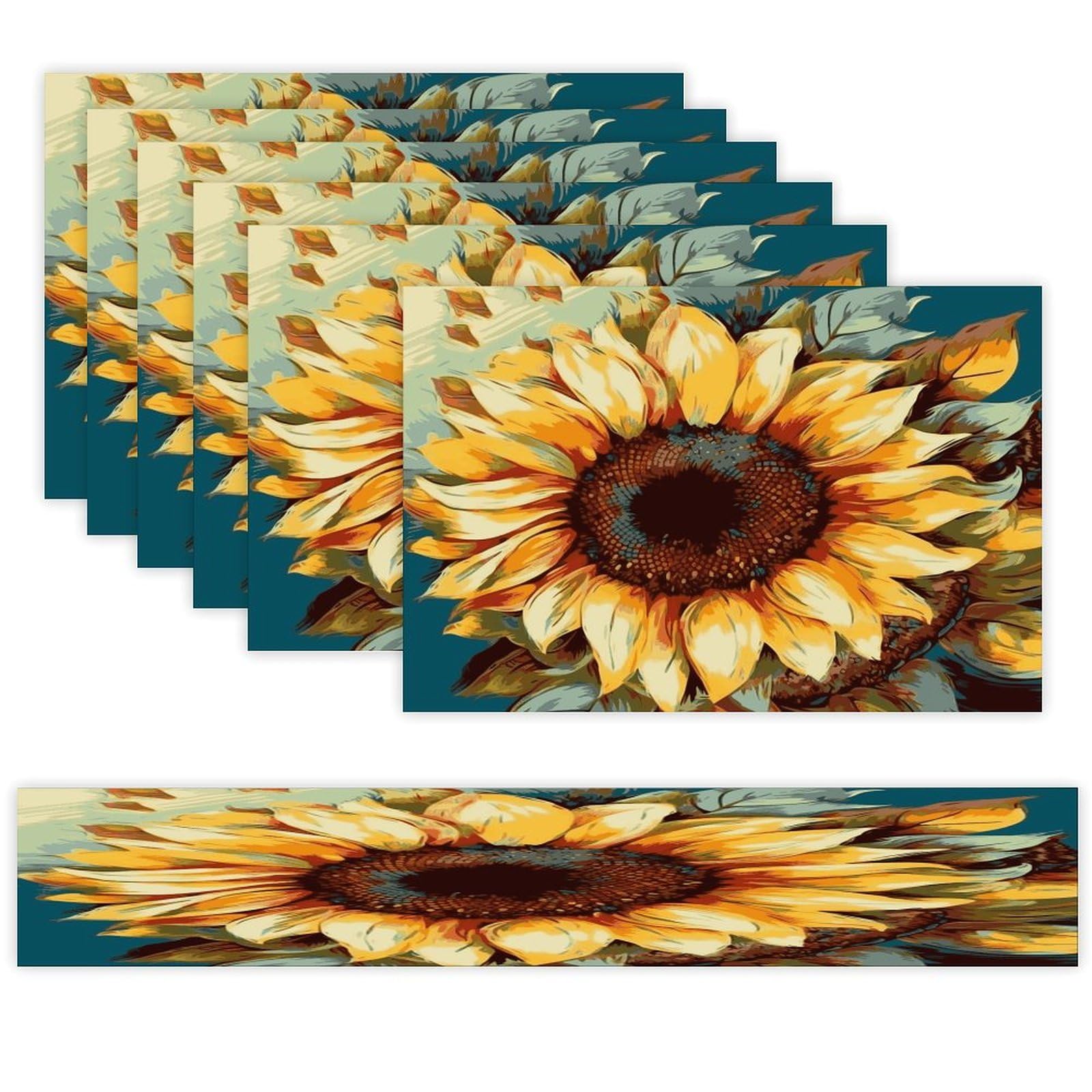 Color Painting Sunflower Table Runner and Placemats Set of 6 for Kitchen Washable Table Mats Heat Resistant Place Mats Non-Slip Place Mat Wipeable Placemat(6 Placemats+1 Table Runner)