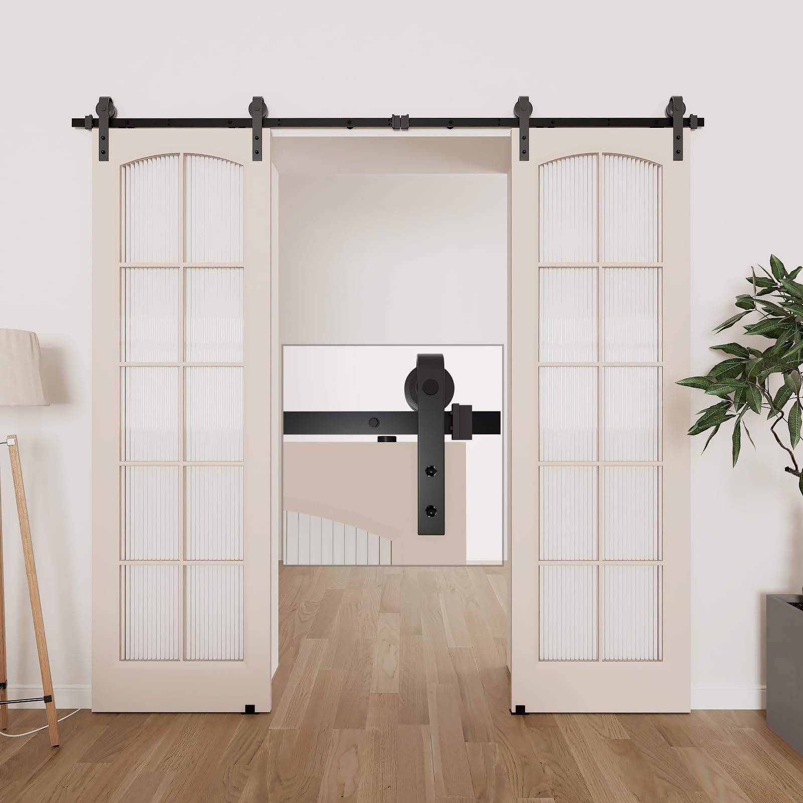 DonYoung 8FT Sliding Barn Door Hardware Kit, Upgraded Screw Fixation Modular Track, Heavy Duty Barn Door Track Kit Fits Double Door 24" Wide, Smooth and Quiet Sliding, Easy to Install