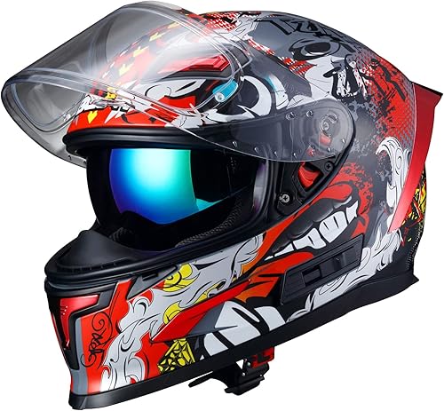 BEON Casco de motocicleta de cara completa, casco de bicicleta de calle con viseras transparentes y tintadas y múltiples rejillas de ventilación,