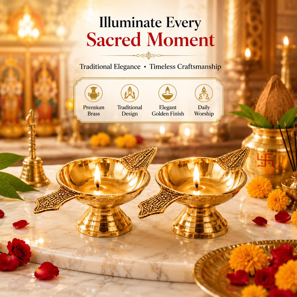 Kanshita's Rasoiware Golden Decorative Brass Diya for Puja Room, Home & Office | Traditional Oil Lamp for Mandir, Diwali, Ganesh Chaturthi, Housewarming & Festive Gift 4