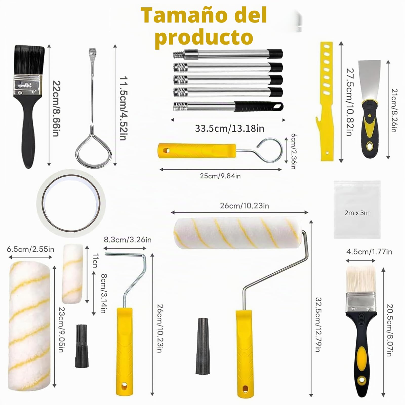 Kit de Pintura 17 Piezas – Rodillos 23 cm y 10 cm, Bandeja, Brochas, Barra Extensible 1,5 m – Set Profesional Antigoteo para Paredes y Techos
