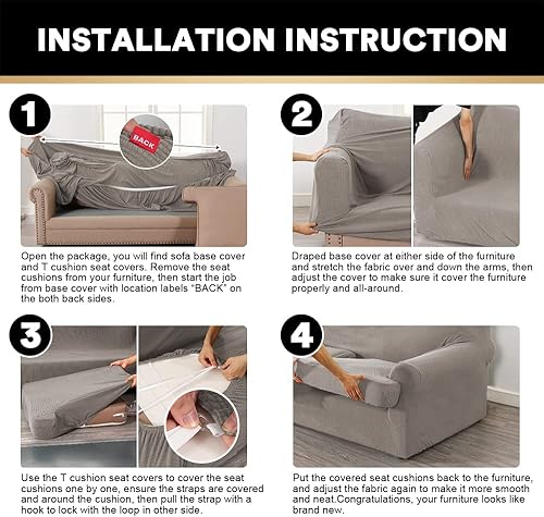 Miniatura 9 de Paquete de fundas para sofá con cojín en forma de T de 34 piezas, protector de muebles, patrón a cuadros, extraíbles y lavables, color gris pardo