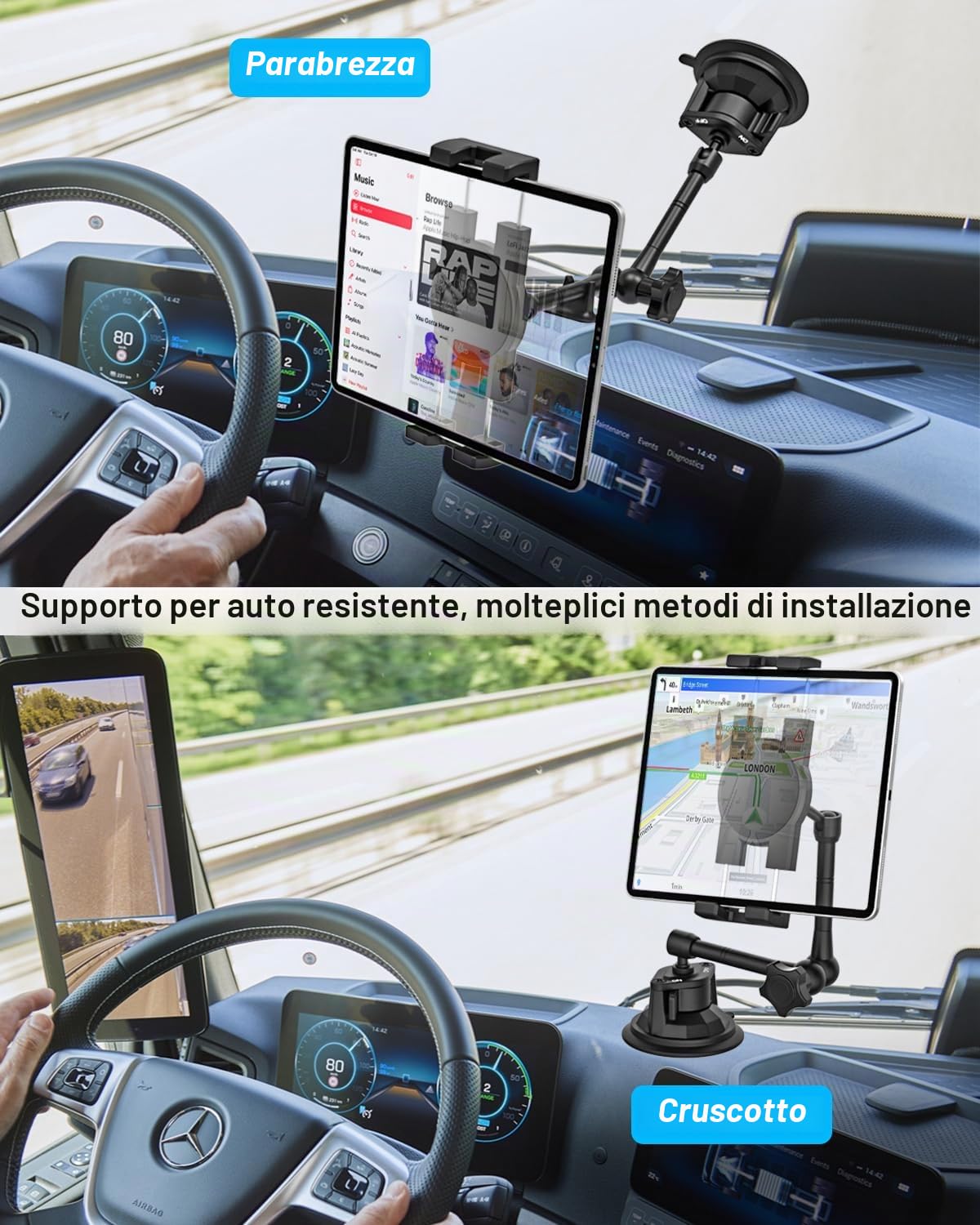 Oilcan Supporto Tablet Auto Cruscotto Parabrezza, Supporto Tablet Ventosa Camion [Multi-Angolo & Braccio in Metallo] Per iPad Pro Air Mini, Galaxy, Lenovo, iPhone, Telefono e Tablet da 4-12,9"