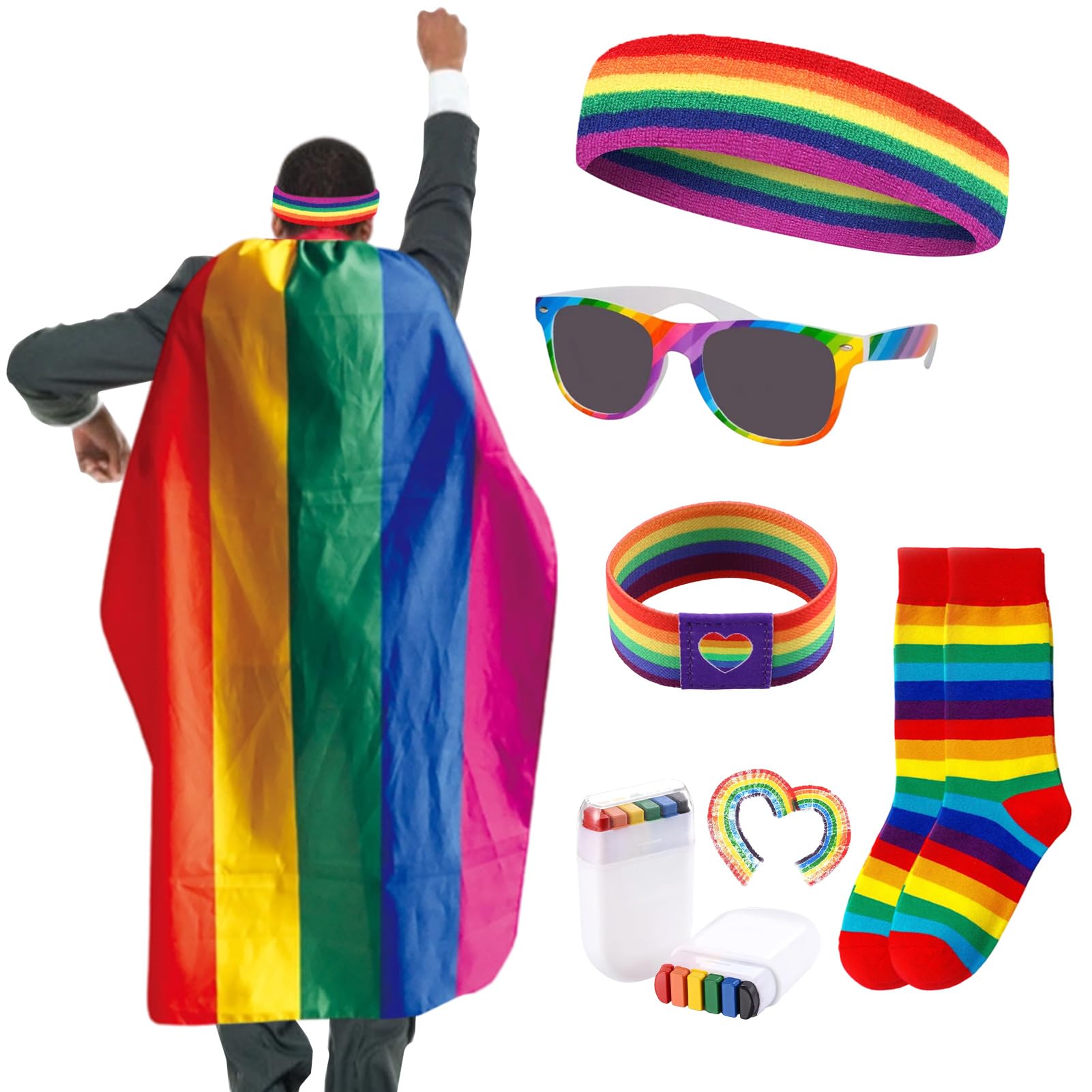 Amycute Gay Pride Stuff LGBTQ Accessories - Rainbow Headband Glasses Cape Socks Wristband Face Paint for Lesbian Pansexual Men Women Pride Month Pride Parade Events