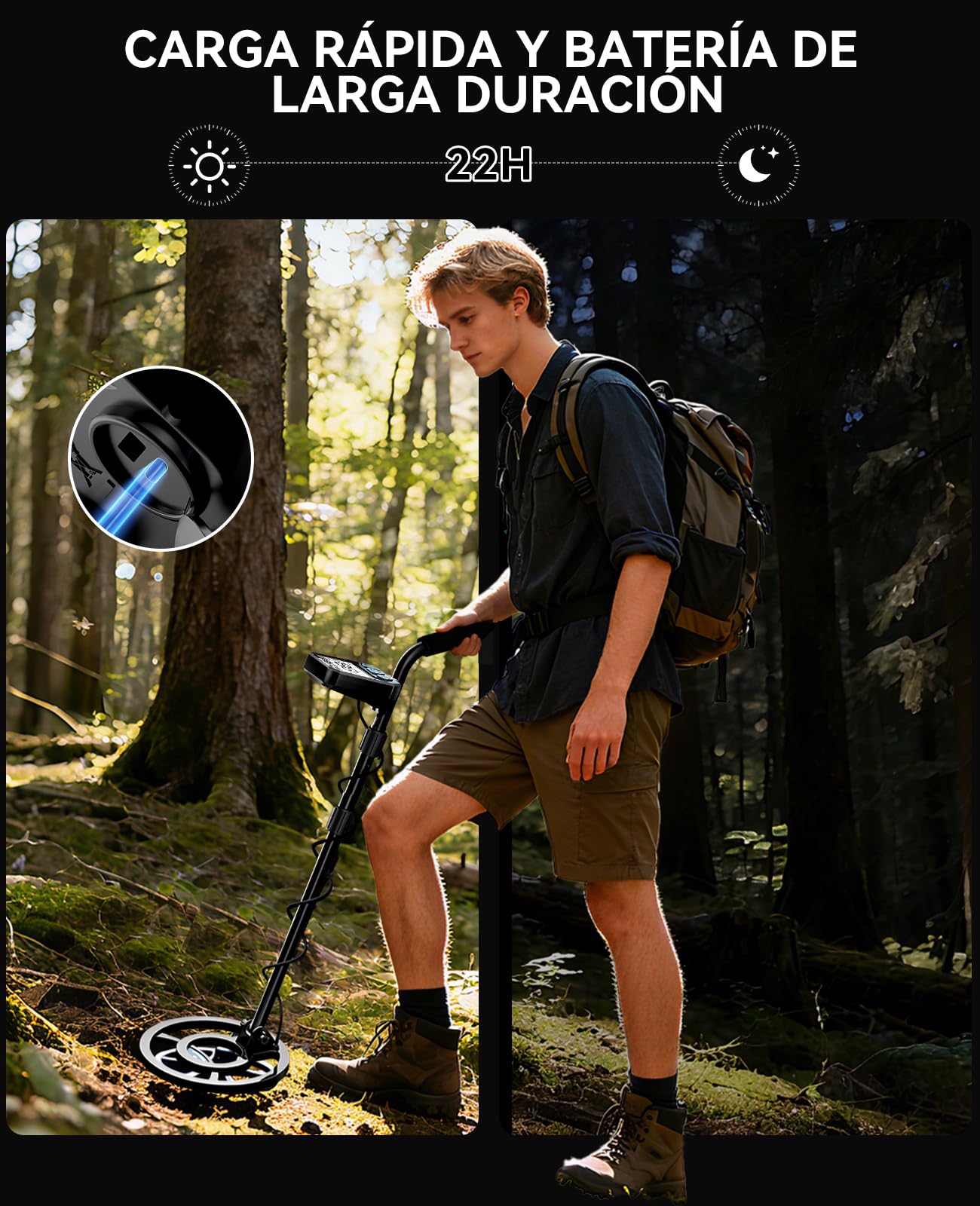 SUNPOW Detector de Metales para Adultos y Niños - Detectores de Metales Recargable por USB, Batería de Larga Duración 20H - 4 Modos para Detección de Oro - Bobina de Búsqueda Impermeable IP68 de 8"