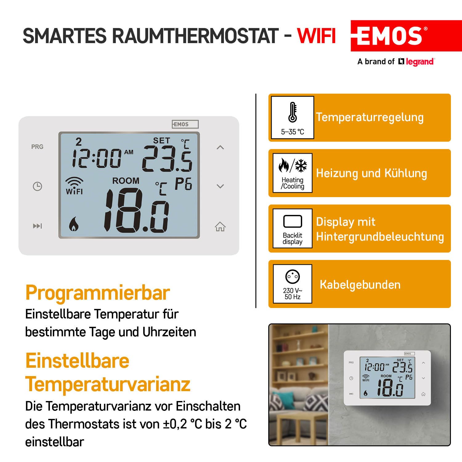 EMOS GoSmart termostato Inteligente WiFi, calefacción/refrigeración, App Tuya, Alexa, Google, IP, Ahorro energía, Montaje Sencillo, Blanco